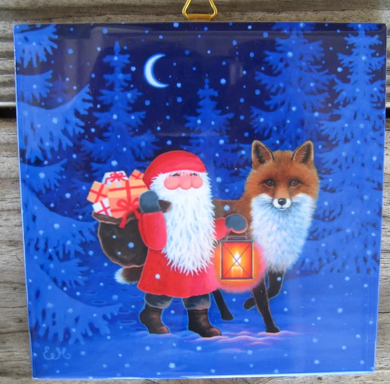 Swedish Christmas ceramic tile  "Tomte  & Fox" 6" x 6", cork back, hanger