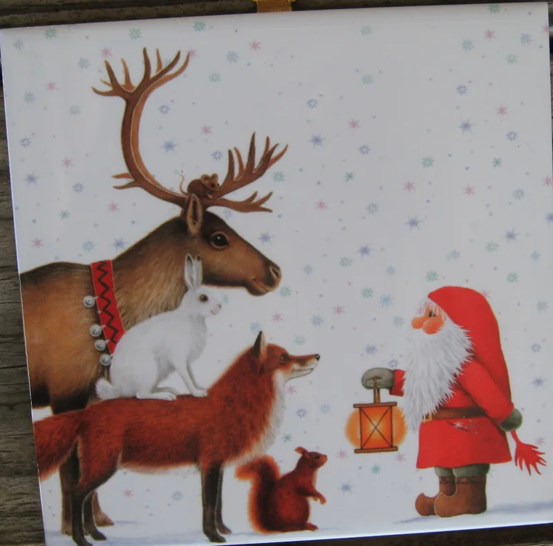 Swedish Christmas tile "Tomte & Animals"  6" x 6"  cork back, hanger