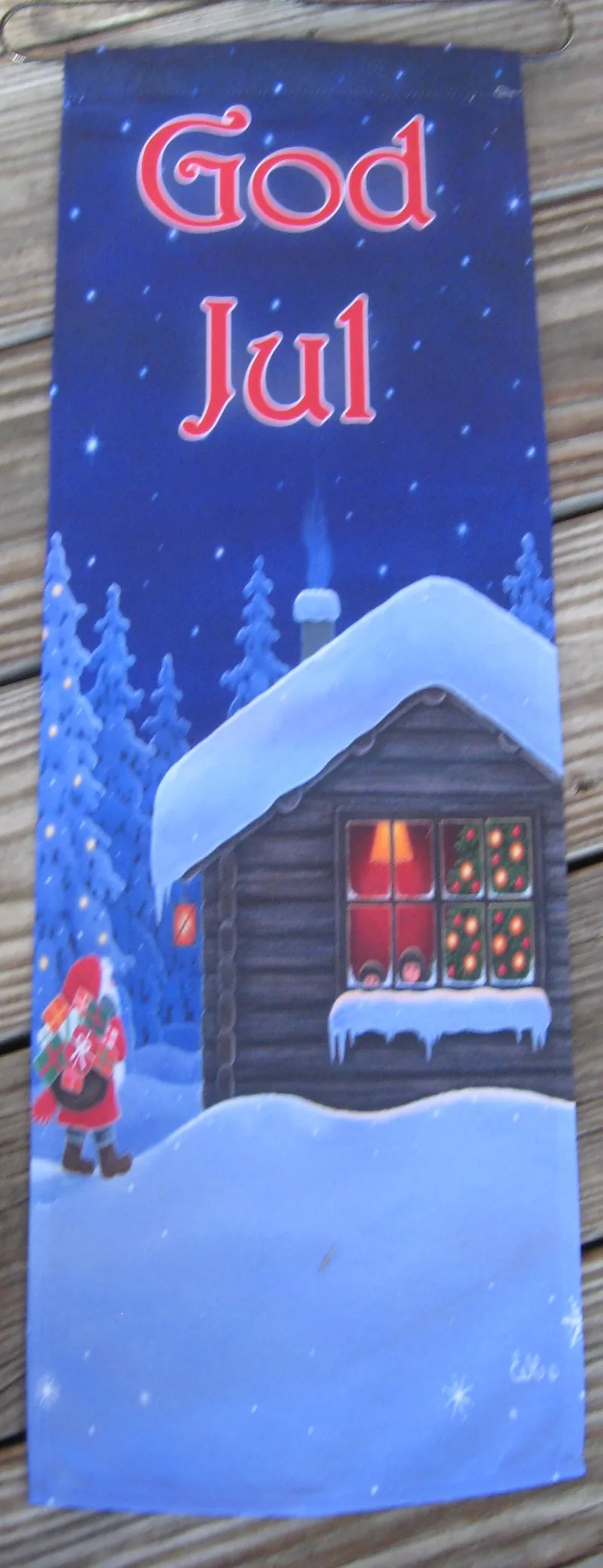 God Jul wall hanging "Tomte delivering gifts"  24" x 8.5" polyester