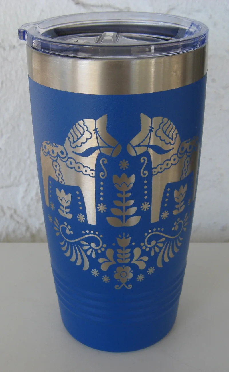 Stainless steel tumbler  "Dala horses on blue"  7" x 3.5"