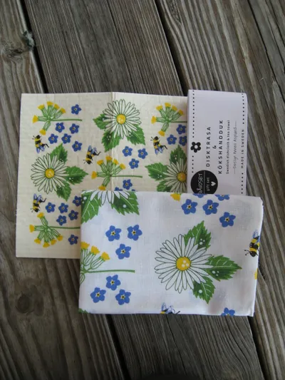 Gift set: Swedish dish cloth (8" x 7") & tea towel (27" x 19") "summer flowers" Anneko of Sweden One Left
