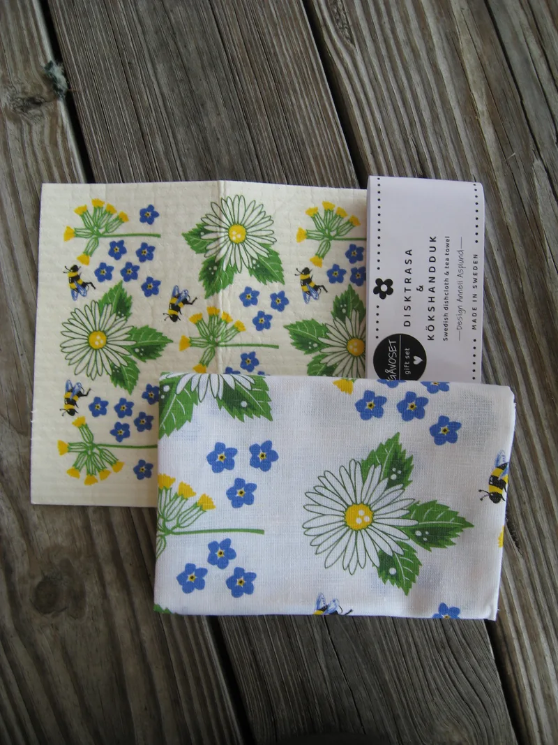 Gift set: Swedish dish cloth (8" x 7") &  tea towel (27" x 19") "summer flowers" Anneko of Sweden