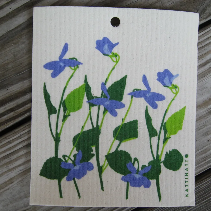 Swedish screen printed dish washing sponge/dish cloth "forest violets" Kattinatt of Sweden  NEW