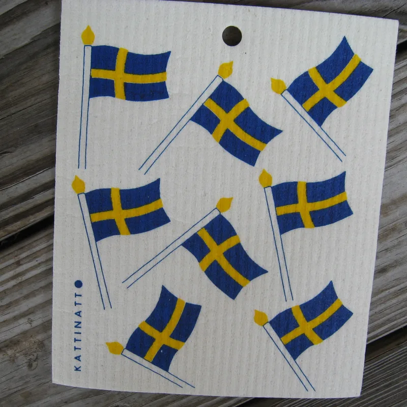 Swedsh screen printeid dish washing sponge/dish cloth " Swedish flags" Kattinatt of Sweden NEW