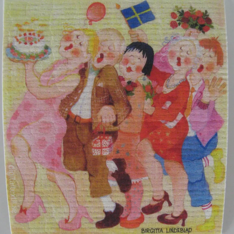 Swedish screen printed dish washing sponge/ dish cloth "birthday - Med en enkel tulipan"  Birgitta Lindeblad   7" x 73/4"