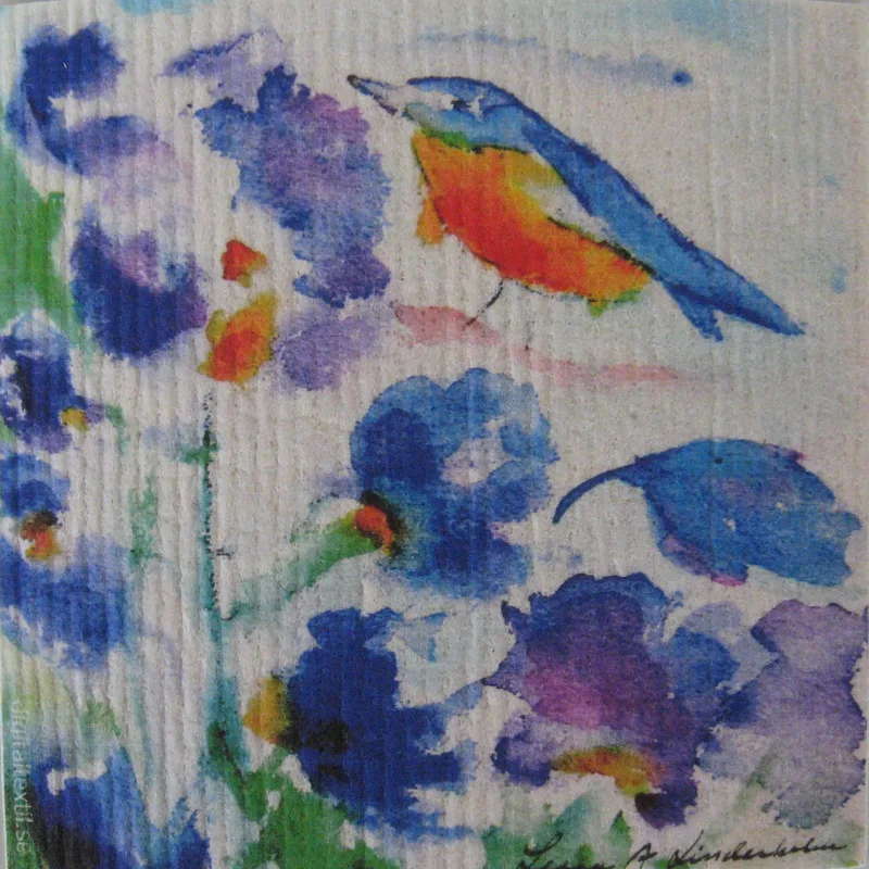Swedish screen printed dish washing sponge/ dish cloth "bluebird w flowers"  Lena Linderholm  7" x 73/4"