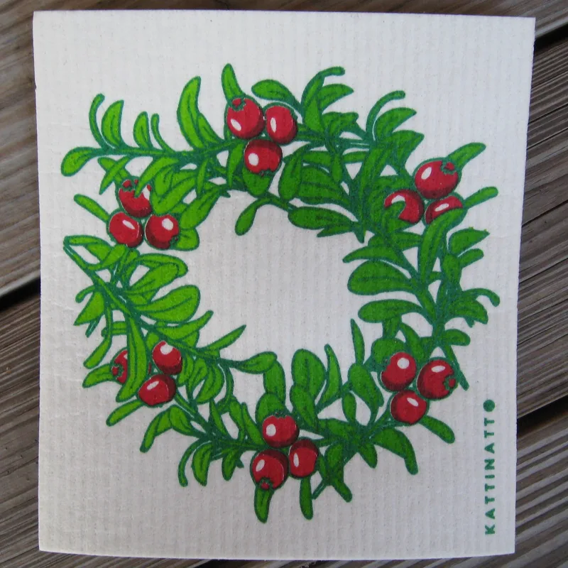 Swedish screen printed dish washing sponge/ dish cloth "lingon wreath" extra large 83/4" x 8"