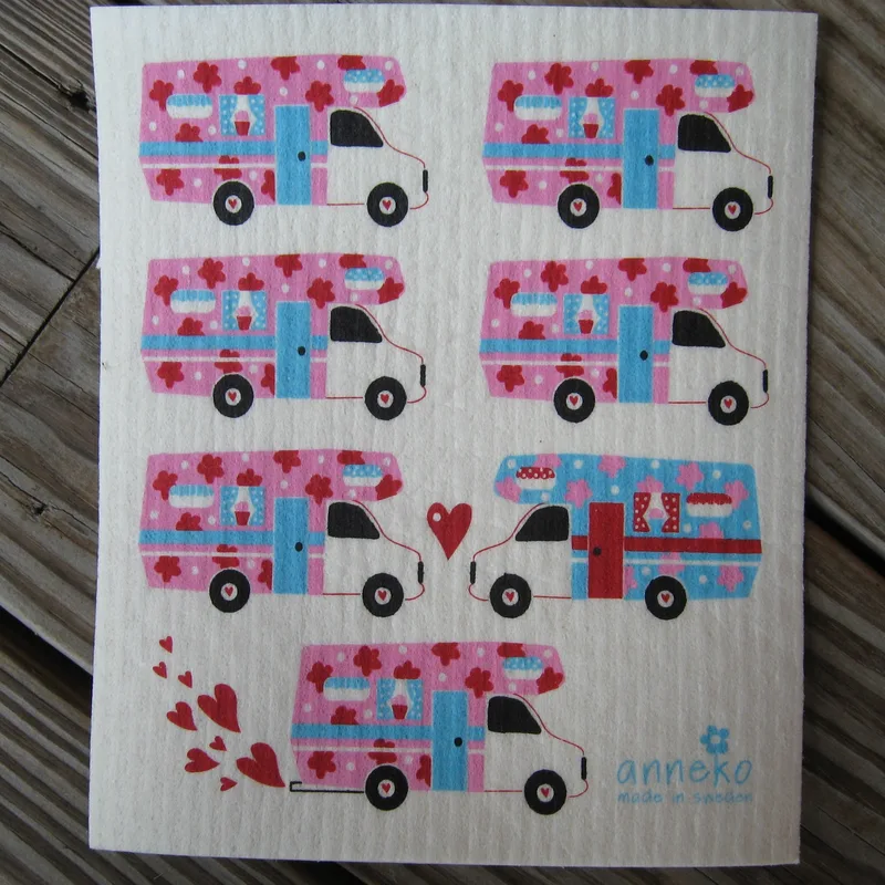 Swedish screen printed dish washing sponge/ dish cloth "campers"  7 3/4" x 6 3/4" Anneko of Sweden