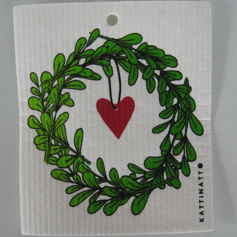 Swedish screen printed dish washing sponge/ dish cloth "Lingonberry wreath w/heart" Kattinatt of Sweden