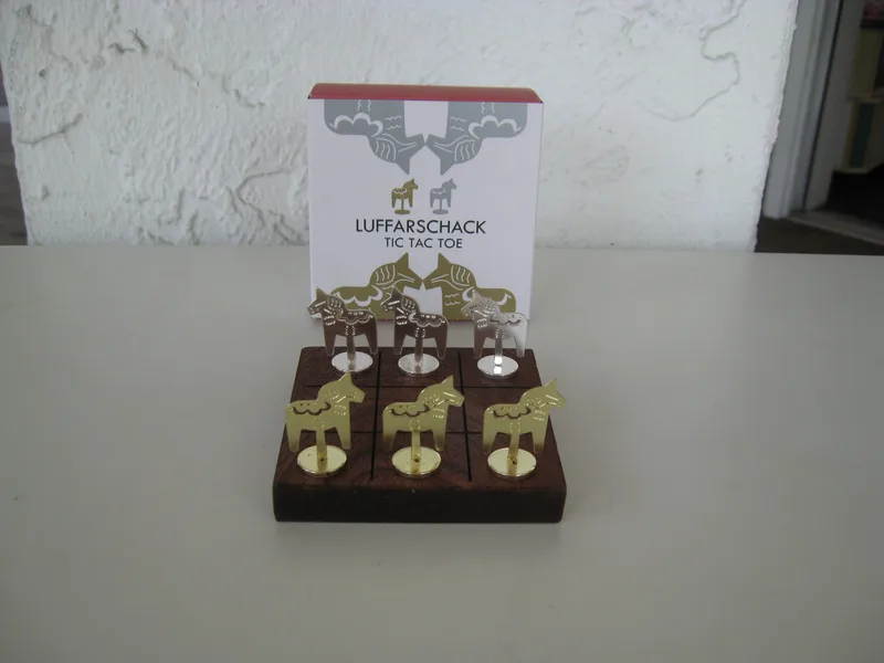 "Tic Tac Toe" Dala horse game w/ wood base  3"x 3"  Pluto of Sweden