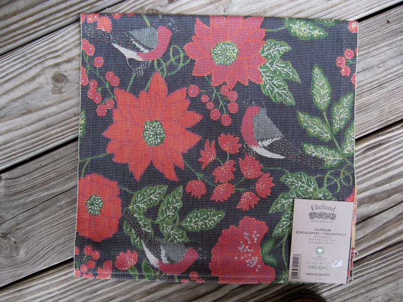 100% organic cotton "Christmas birds" runner 14" x 47" Made in Sweden by Ekelund