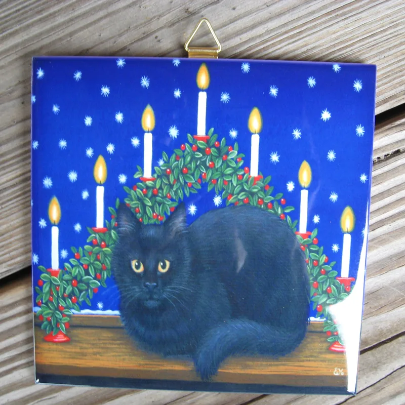 Swedish Christmas ceramic tile "Black Cat" 6"x 6" cork back, hanger