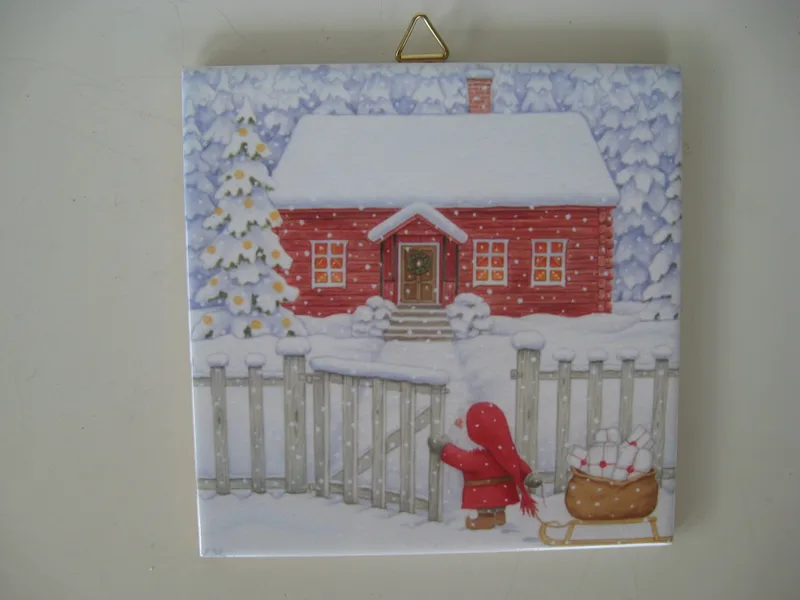 Christmas ceramic tile w/hook " Snowy Gate" 6"  x 6" cork backing