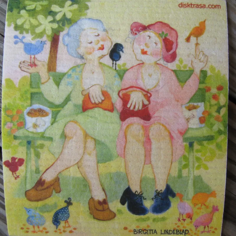 Swedish screen printed dish washing sponge/ dish cloth "pensionärs liv" (retired life) Birgitta Lindeblad 7" x 7 3/4"   NEW
