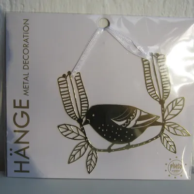 Gold metal "sparrow on branch" ornament 4" x 4.5" Pluto of Sweden