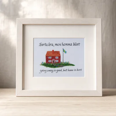 Swedish saying "Borta bra men Hemma Bäst"   8" x  10"  matted print  (no frame included)