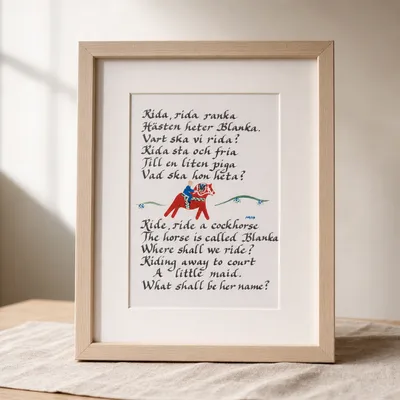Swedish children's rhyme:"  Rida, Rida, Ranka"  8" x10" matted print  (no frame included)