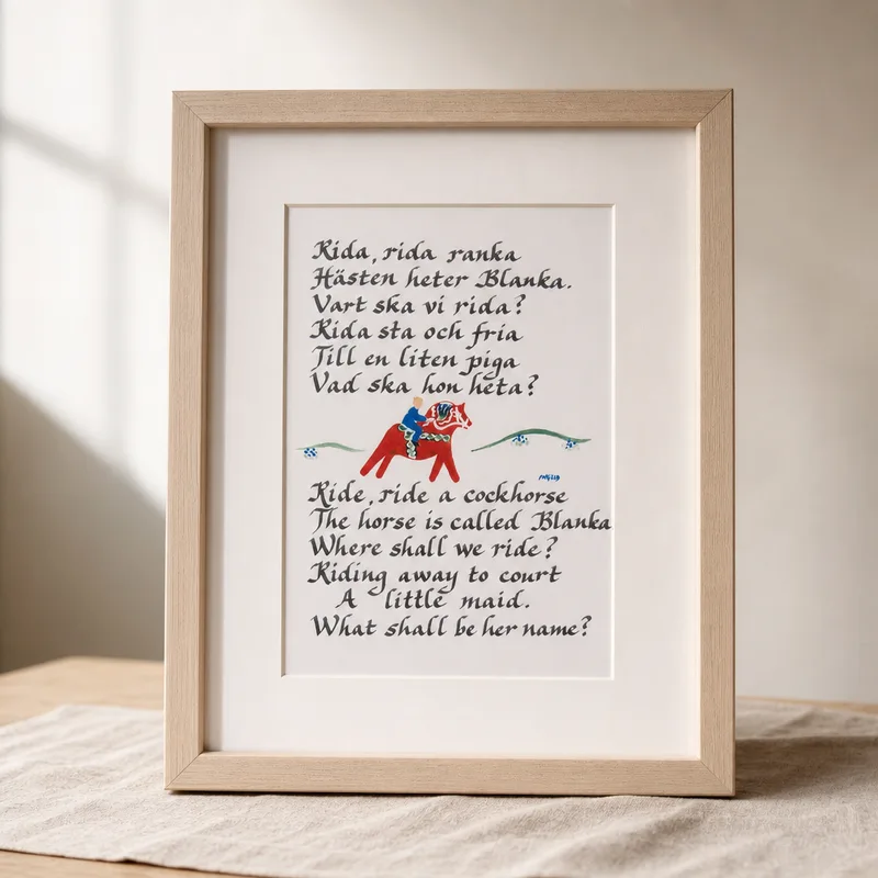 Swedish children's rhyme:"  Rida, Rida, Ranka"  8" x10" matted print  (no frame included)