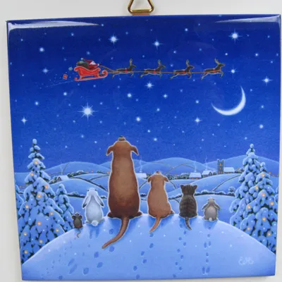"Watching Santa's Sleigh" ceramic tile  6" x 6" hook on back