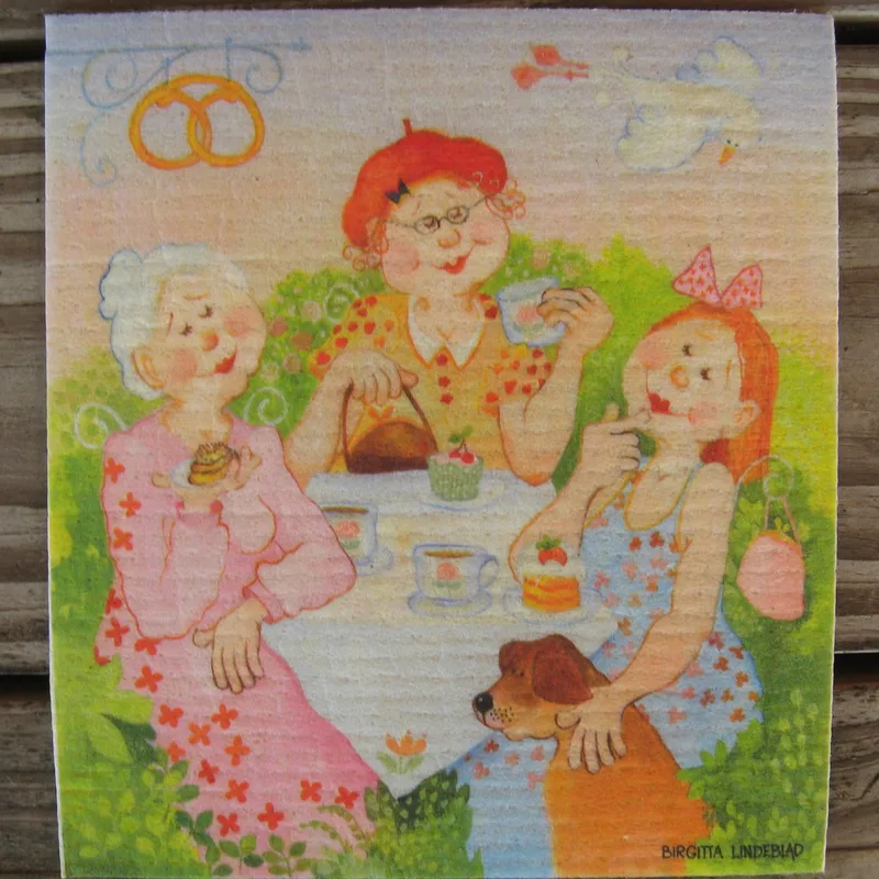 Swedish screen printed dish cloth  "Meeting in the arbor"  Birgitta Lindeblad  NEW!