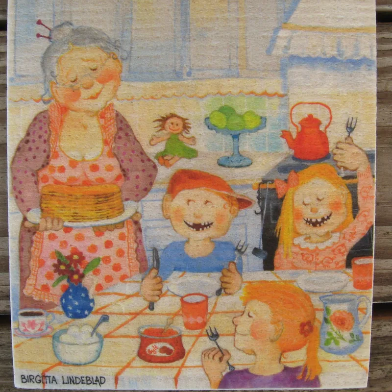 Swedish screen printed dish cloth "pancake party" Birgitta Lindeblad  NEW!