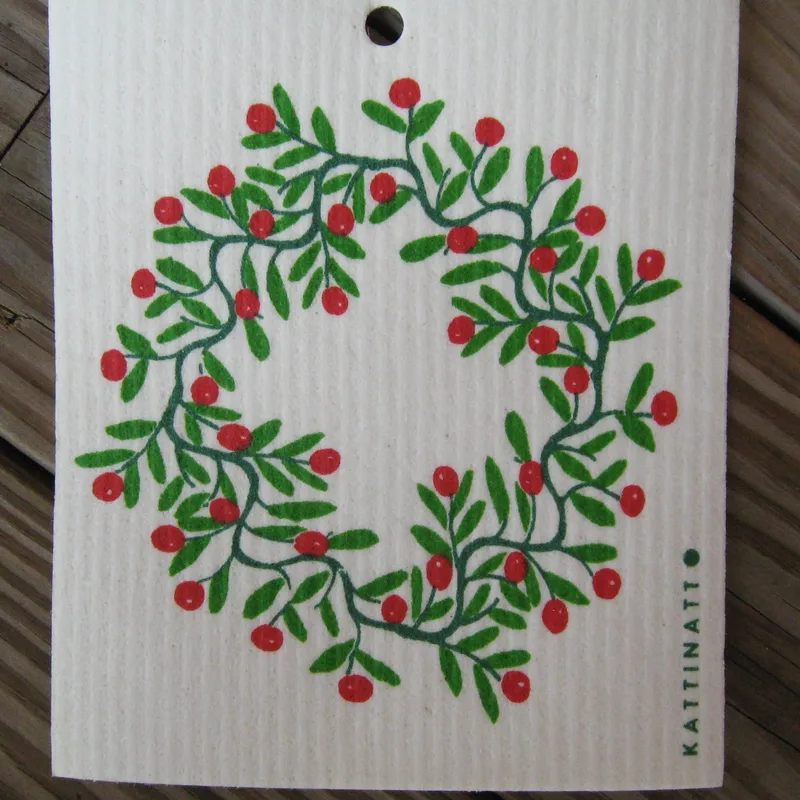 Swedish screen printed dish washing sponge/ dish cloth " Holly Wreath"