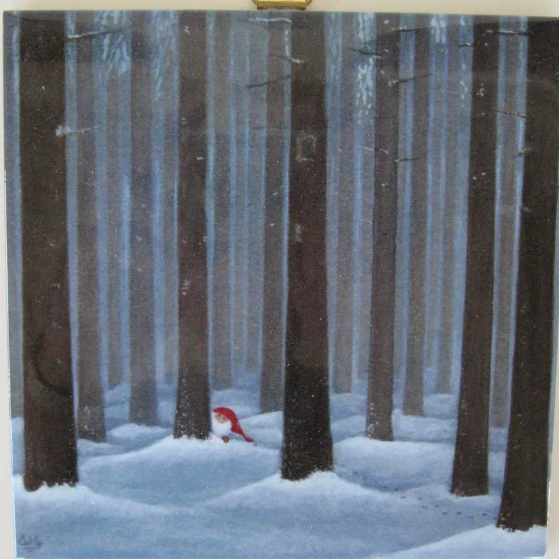 Swedish Christmas tile 6"x 6"  "tomte in woods" cork back, hanger