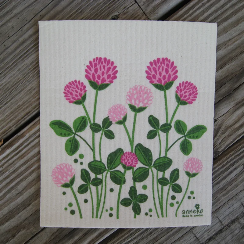 Swedish screen printed dish washing sponge/ dish cloth "red clover"  73/4" x 63/4" Anneko of Sweden  NEW