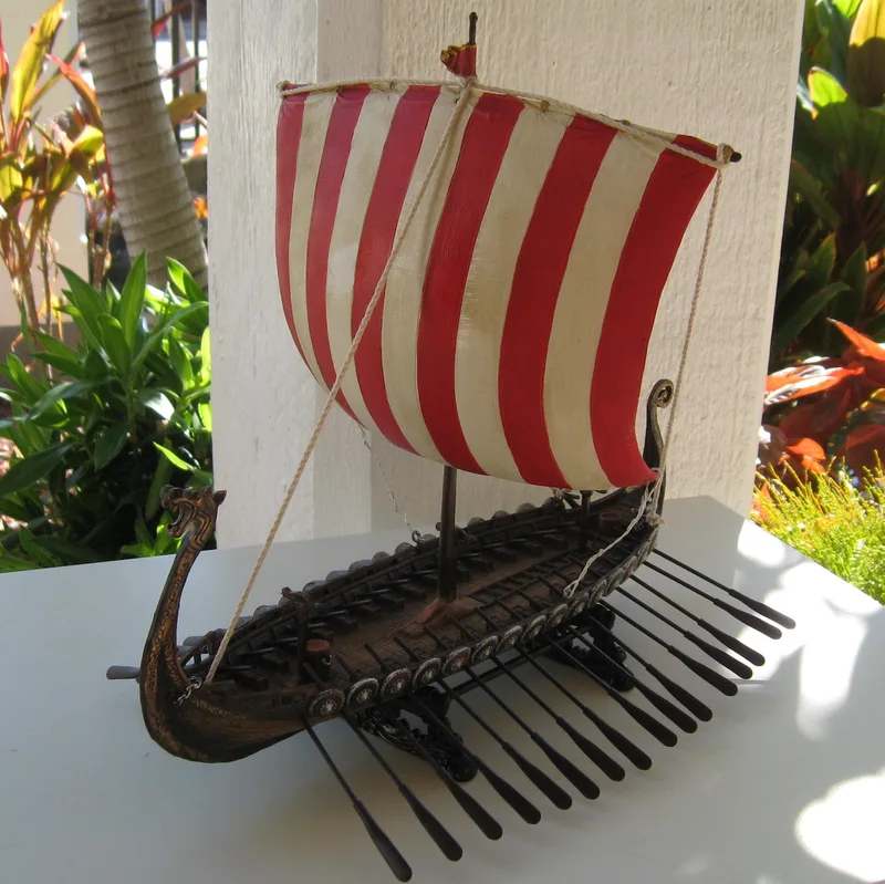 Viking Ship w/oars resin/cloth sail 13"x11"