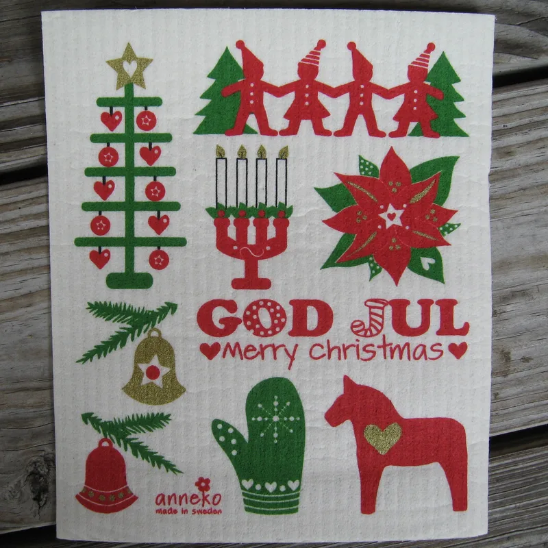 Swedish screen printed dish cloth "God Jul" w/poinsettia Anneko of Sweden