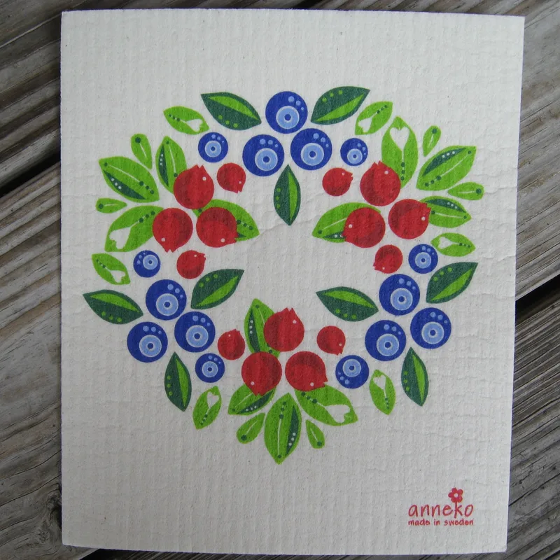 Swedish screen printed dish cloth "Berry Wreath" Anneko of Sweden