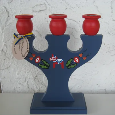 3 arm blue Dala horse wood candleholder Made in Sweden 9" x 8"