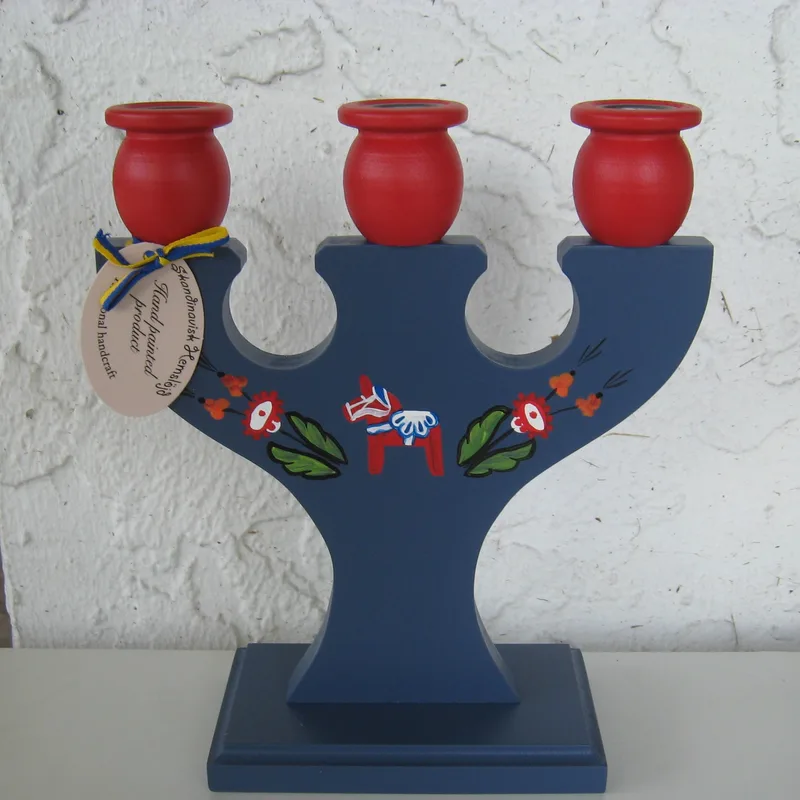 3 arm blue Dala horse wood candleholder Made in Sweden  9" x 8"