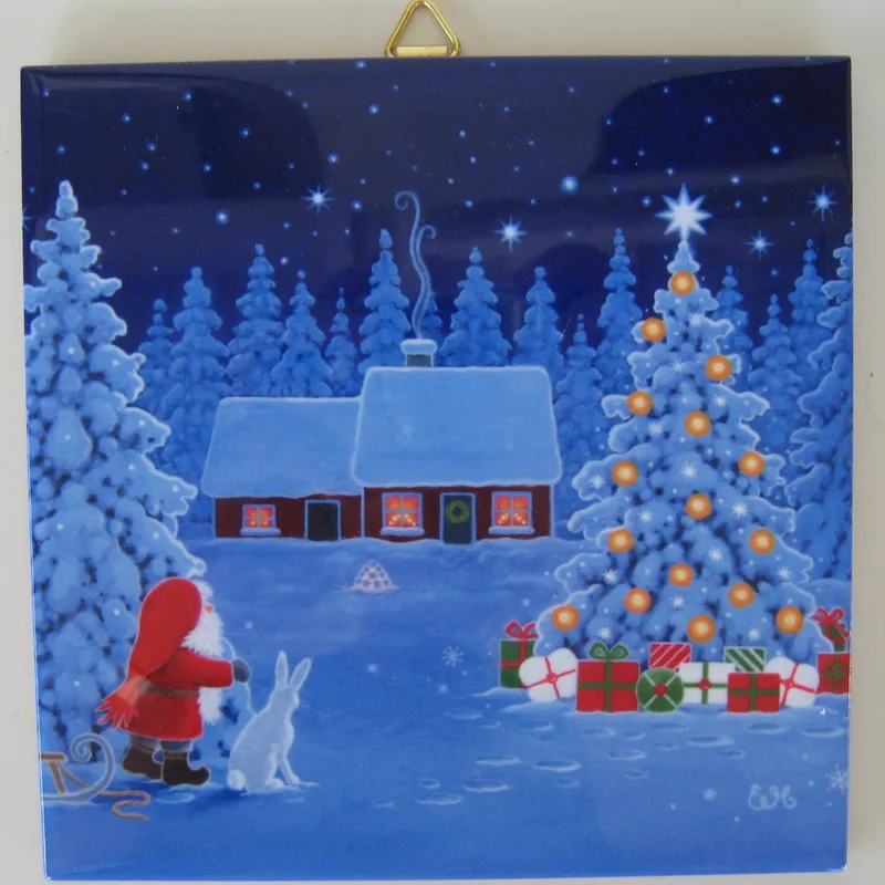 Christmas ceramic tile w/ hook " tomte, bunny, gifts under tree" 6" x 6" cork backing