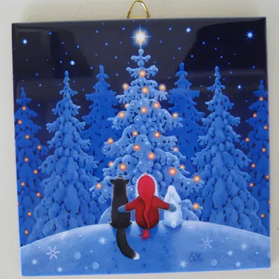 Christmas ceramic tile w/hook "Tomte, Fox & Rabbit 6" x 6" cork backing