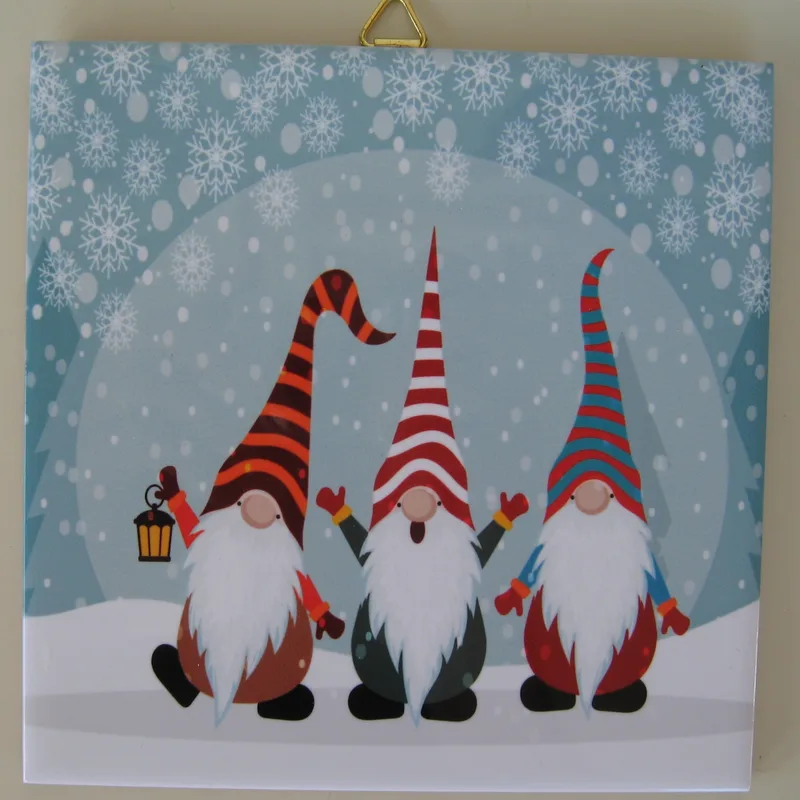 Christmas ceramic tile w/ hook "3 Gnomes" cork backing
