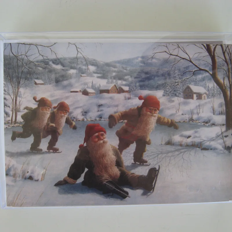 Boxed Christmas cards " tomtar skating"  Swedish text 12 cards  7" x 5"