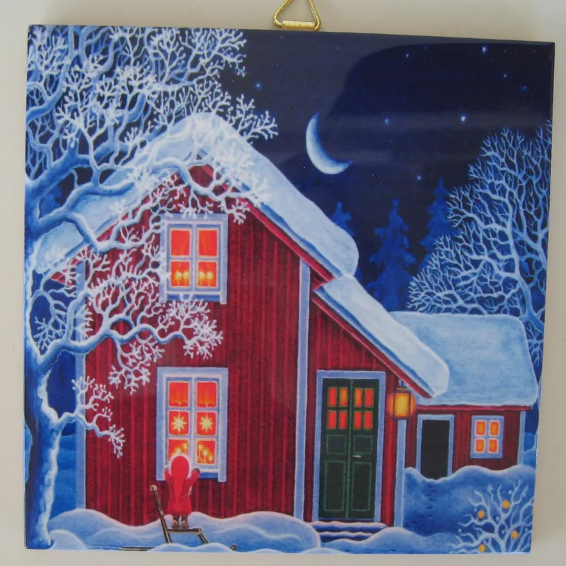 Christmas ceramic tile w/hook "Tomte & Red House" 6" x 6" cork backing
