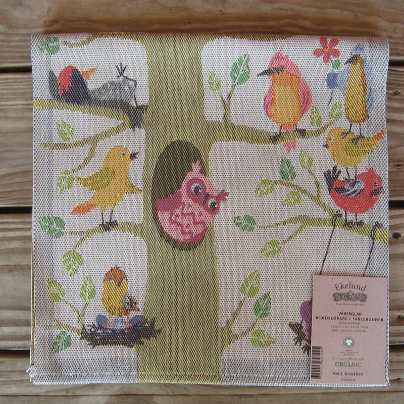 100% Organic Cotton runner "Spring Birds" Made in Sweden by Ekelund 14" x 47"