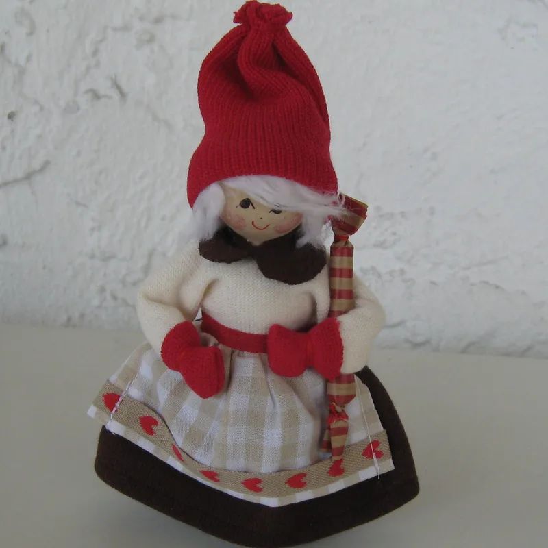 Lady tomte with tubular present 6" tall   red mittens and brown skirt  Butticki of Sweden  2 left