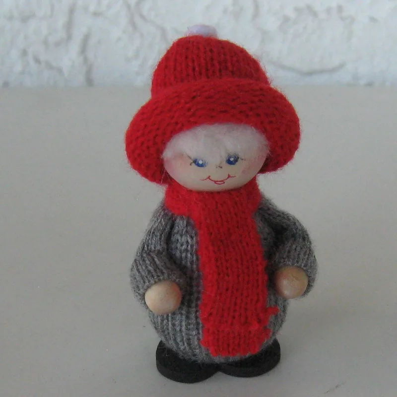 Grey boy with red hat and scarf, 3" tall, Swallings of Sweden  1 left