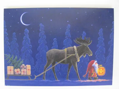 Box of 12 Christmas cards with envelopes "Tomte and Moose" Swedish text 7" x 5"