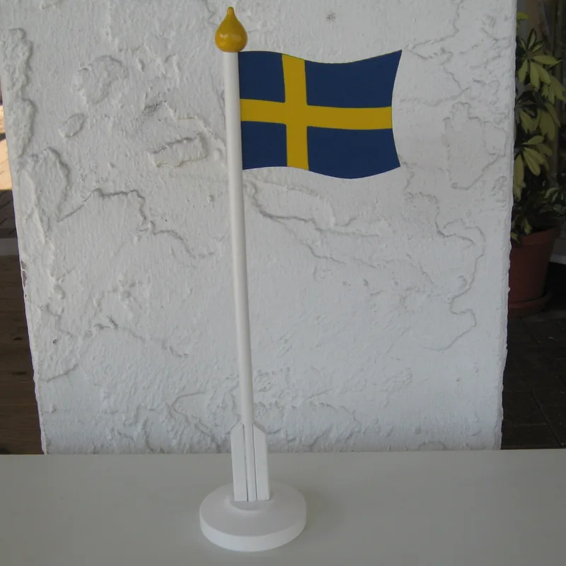Handpainted wood Swedish table flag by Larssons Tra of Sweden, 13" high