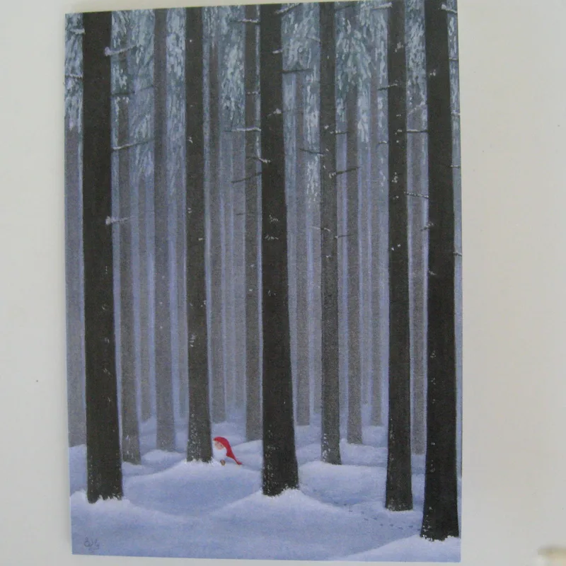 Box of 12 Christmas cards with envelopes "Tomte in Woods"  Swedish text  7" x 5"