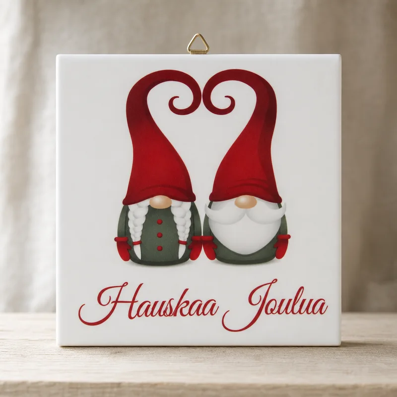 Finnish Christmas tile "Hauskaa Joulua" gnome couple 6" x 6" cork back, hanger