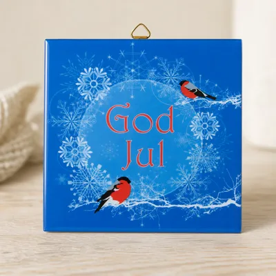 Swedish Christmas tile " God Jul- domherrar" 6" x 6" cork back, hanger