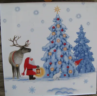 Swedish Christmas tile " Tomte & Reindeer at tree" 6" x 6" cork back, hanger