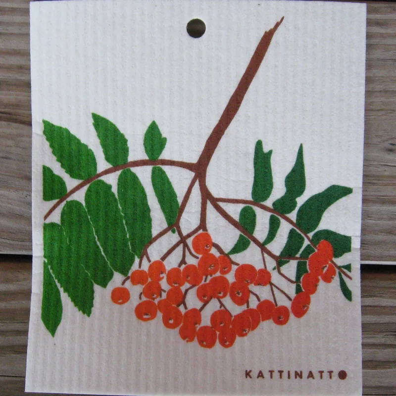 Swedish screen printed dishwashing sponge/ dish cloth, "Rowanberries" (Rönnbär)