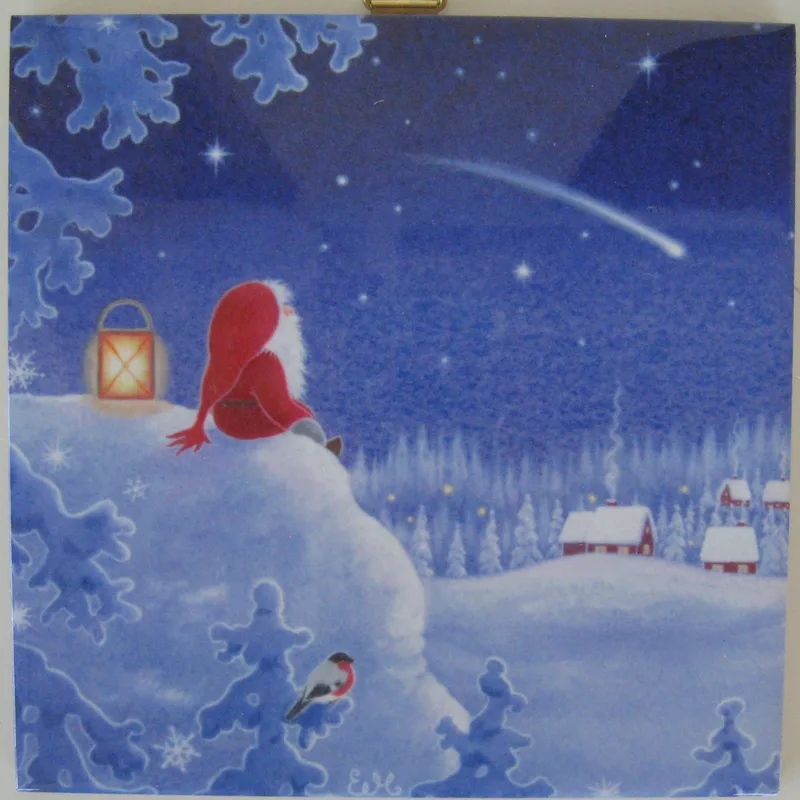 Swedish ceramic tile, "Tomte and Christmas Vistas", 6" x 6", cork back, hanger