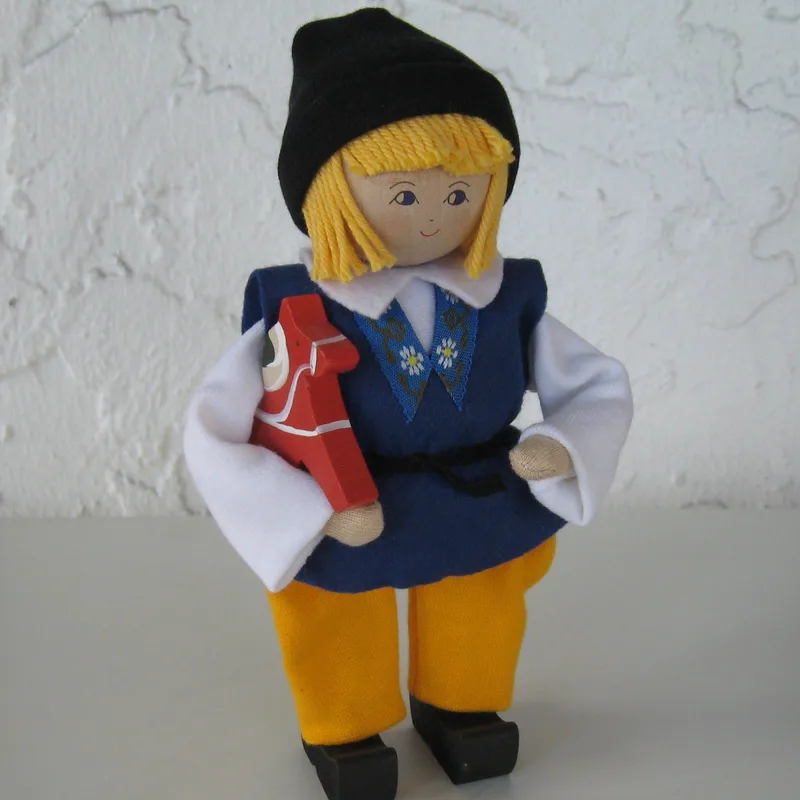 Swedish folk dress doll, boy with Dalahorse, 8" tall  Butticki of Sweden